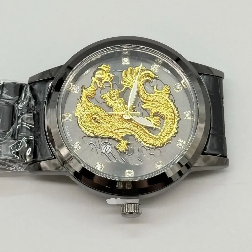 Mens All Black Metal Watch 3D Gold Dragon Sculpted Dial Rhinestone Indices New